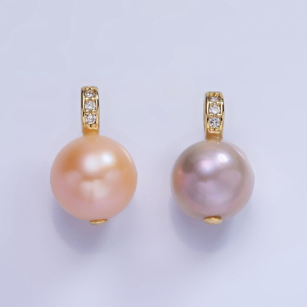 14K Gold plated Purple, Pink Freshwater Pearl Button Micro Paved CZ Bail Pendant | P1721 P1722