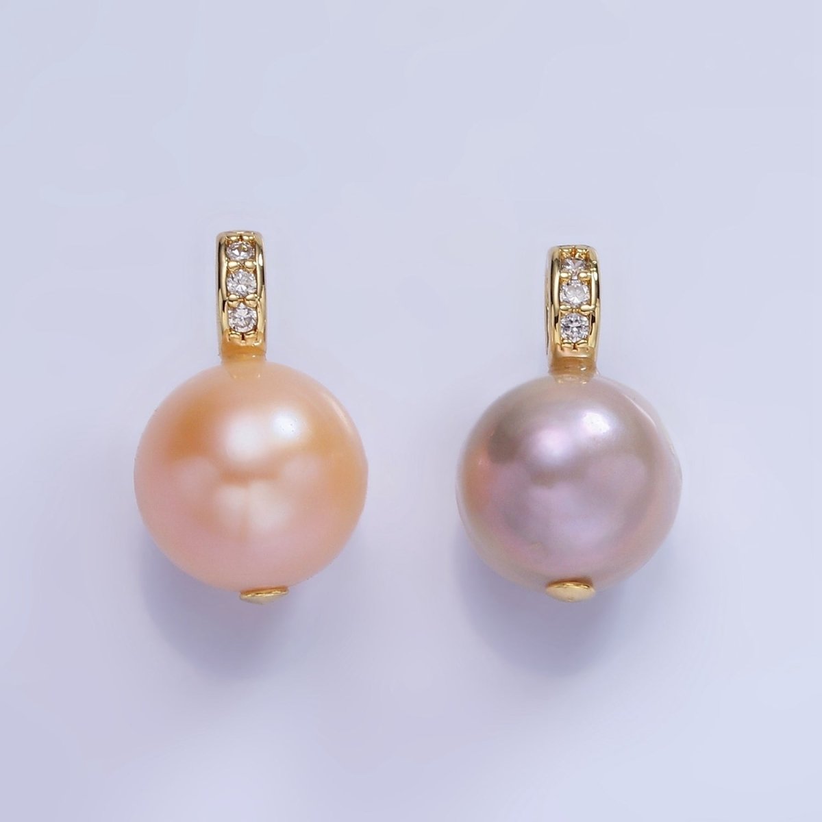 14K Gold plated Purple, Pink Freshwater Pearl Button Micro Paved CZ Bail Pendant | P1721 P1722