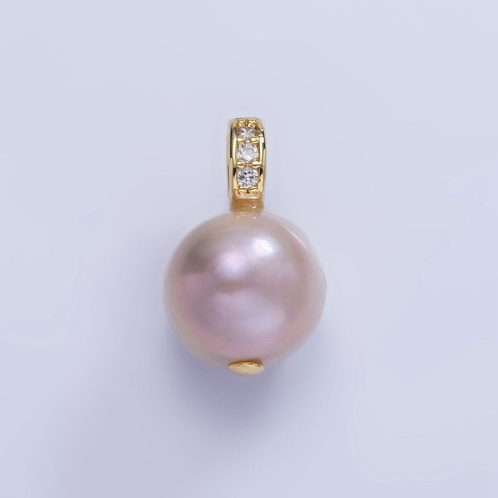 14K Gold plated Purple, Pink Freshwater Pearl Button Micro Paved CZ Bail Pendant | P1721 P1722
