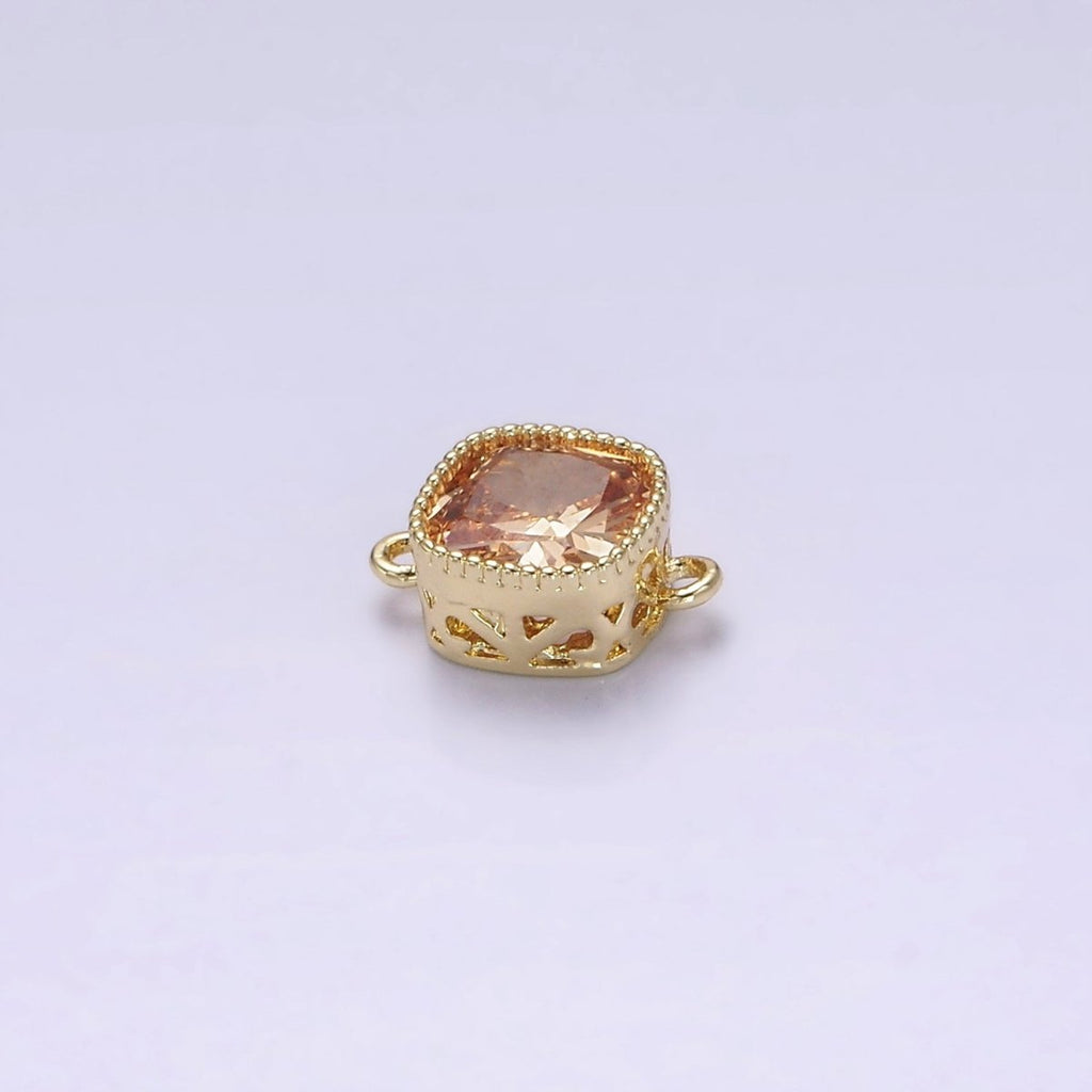 14K Gold plated Purple, Red, Pink, Clear, Peach, Green CZ Square Filigree Connector in Gold & Silver | G-065 - G-074 - DLUXCA