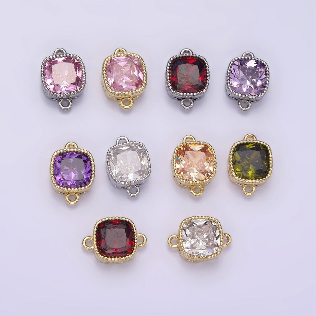 14K Gold plated Purple, Red, Pink, Clear, Peach, Green CZ Square Filigree Connector in Gold & Silver | G-065 - G-074 - DLUXCA