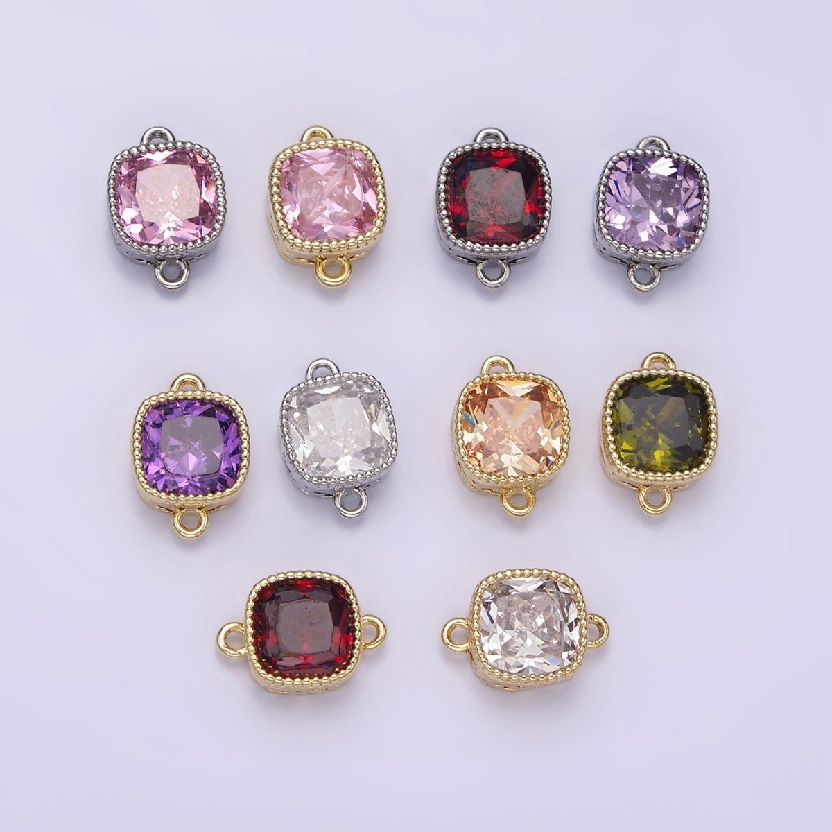 14K Gold plated Purple, Red, Pink, Clear, Peach, Green CZ Square Filigree Connector in Gold & Silver | G-065 - G-074 - DLUXCA