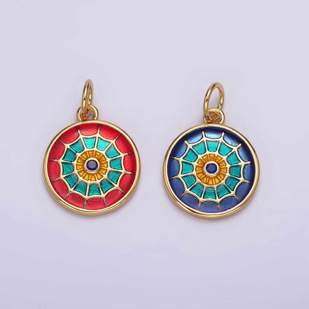 14K Gold plated Red, Blue Multicolor Spider Web Evil Eye Round Charm | AG525 AG526