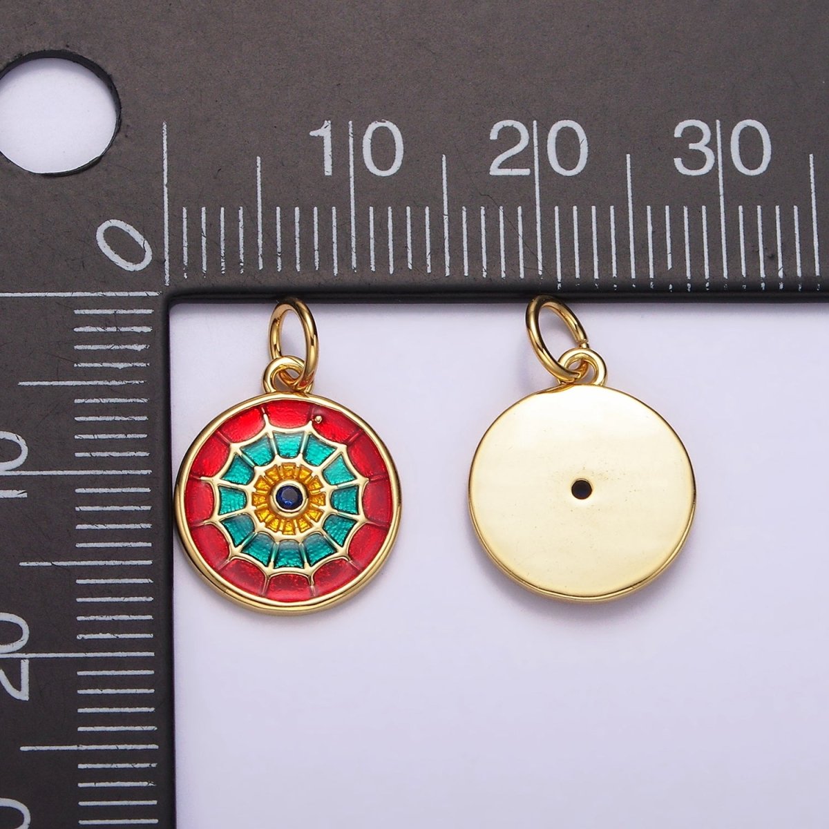 14K Gold plated Red, Blue Multicolor Spider Web Evil Eye Round Charm | AG525 AG526