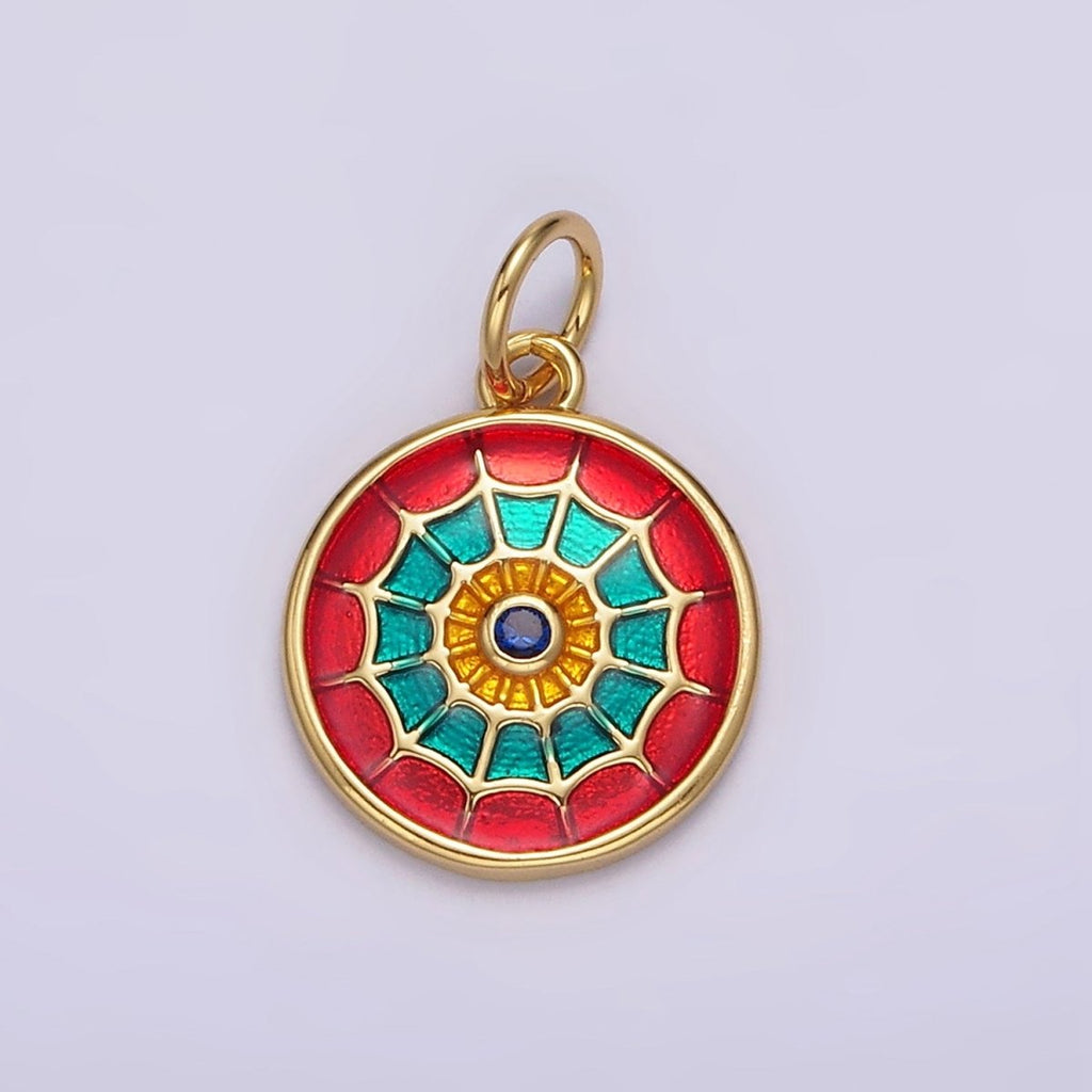 14K Gold plated Red, Blue Multicolor Spider Web Evil Eye Round Charm | AG525 AG526