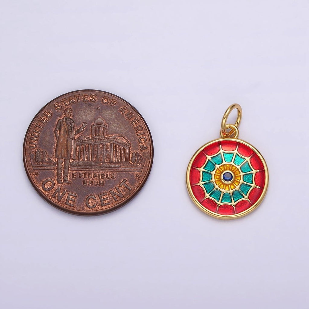 14K Gold plated Red, Blue Multicolor Spider Web Evil Eye Round Charm | AG525 AG526