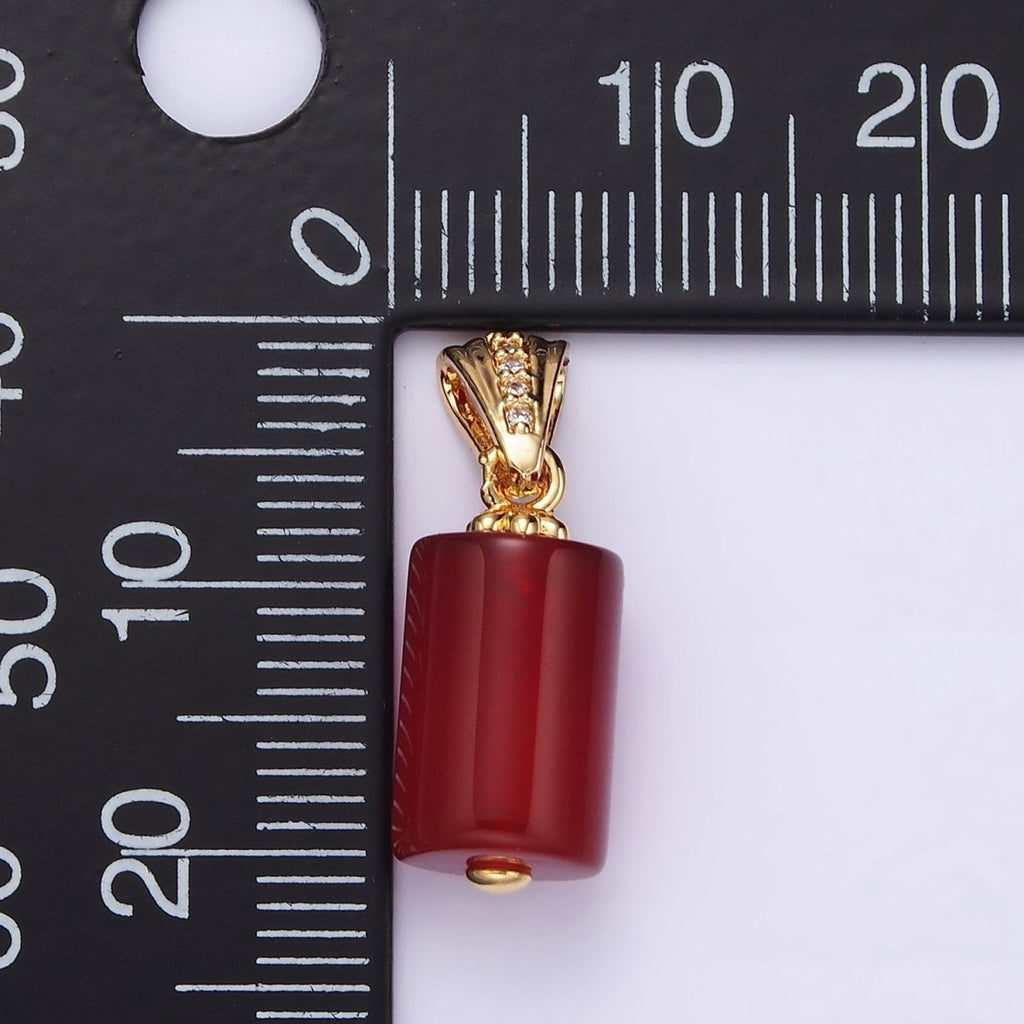 14K Gold plated Red Carnelian Tube Clear Micro Paved CZ Lined Bail Pendant | N1290 - DLUXCA