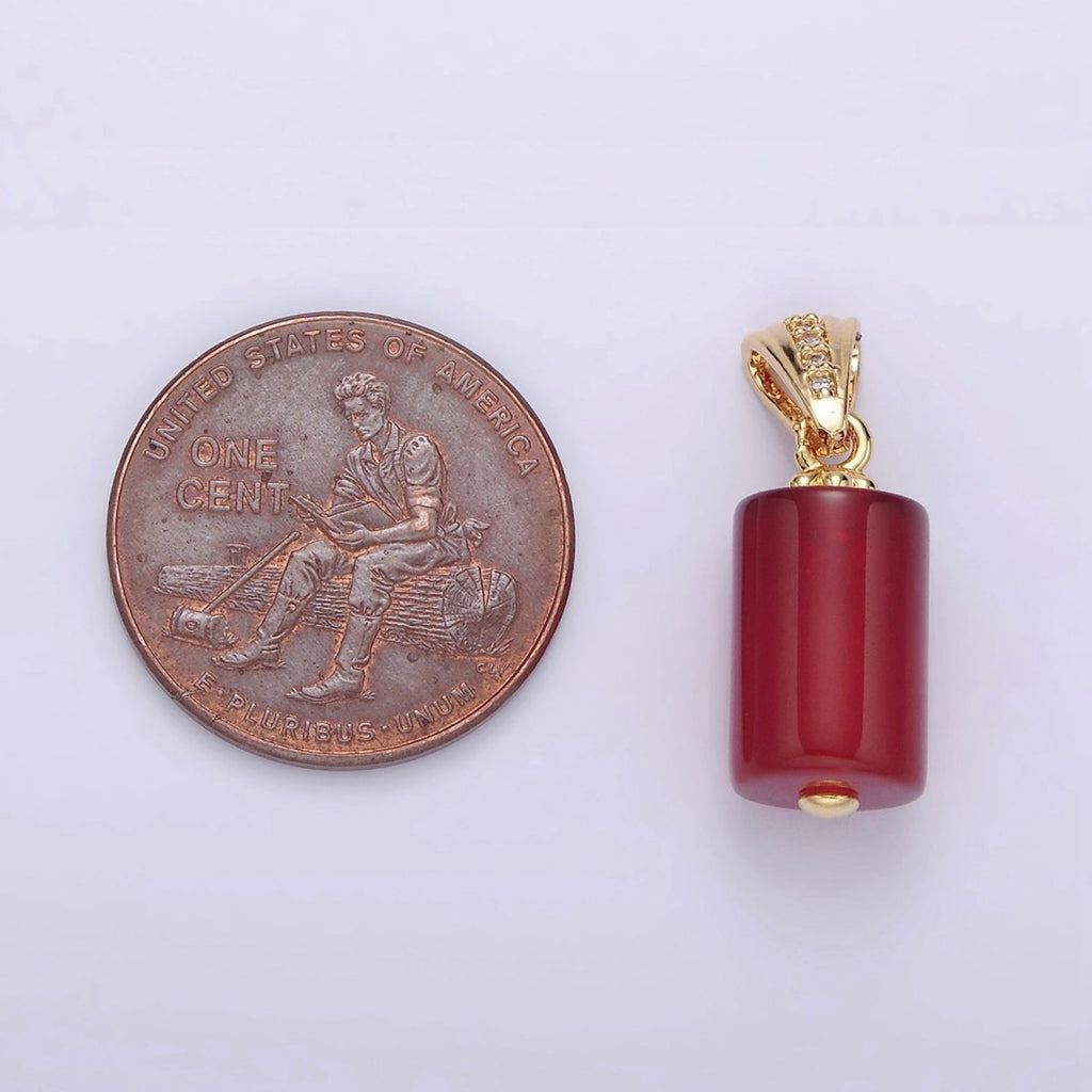 14K Gold plated Red Carnelian Tube Clear Micro Paved CZ Lined Bail Pendant | N1290 - DLUXCA