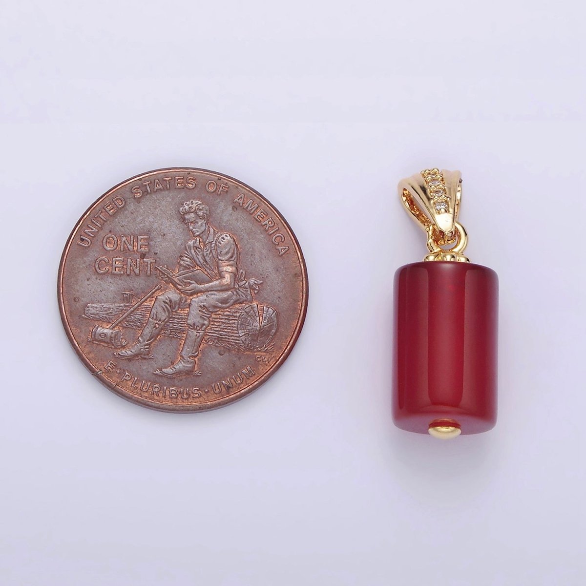 14K Gold plated Red Carnelian Tube Clear Micro Paved CZ Lined Bail Pendant | N1290 - DLUXCA