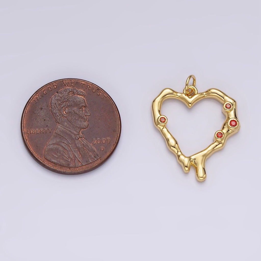 14K Gold plated Red CZ Dotted Molten Drip Open Heart Charm | AC787 - DLUXCA
