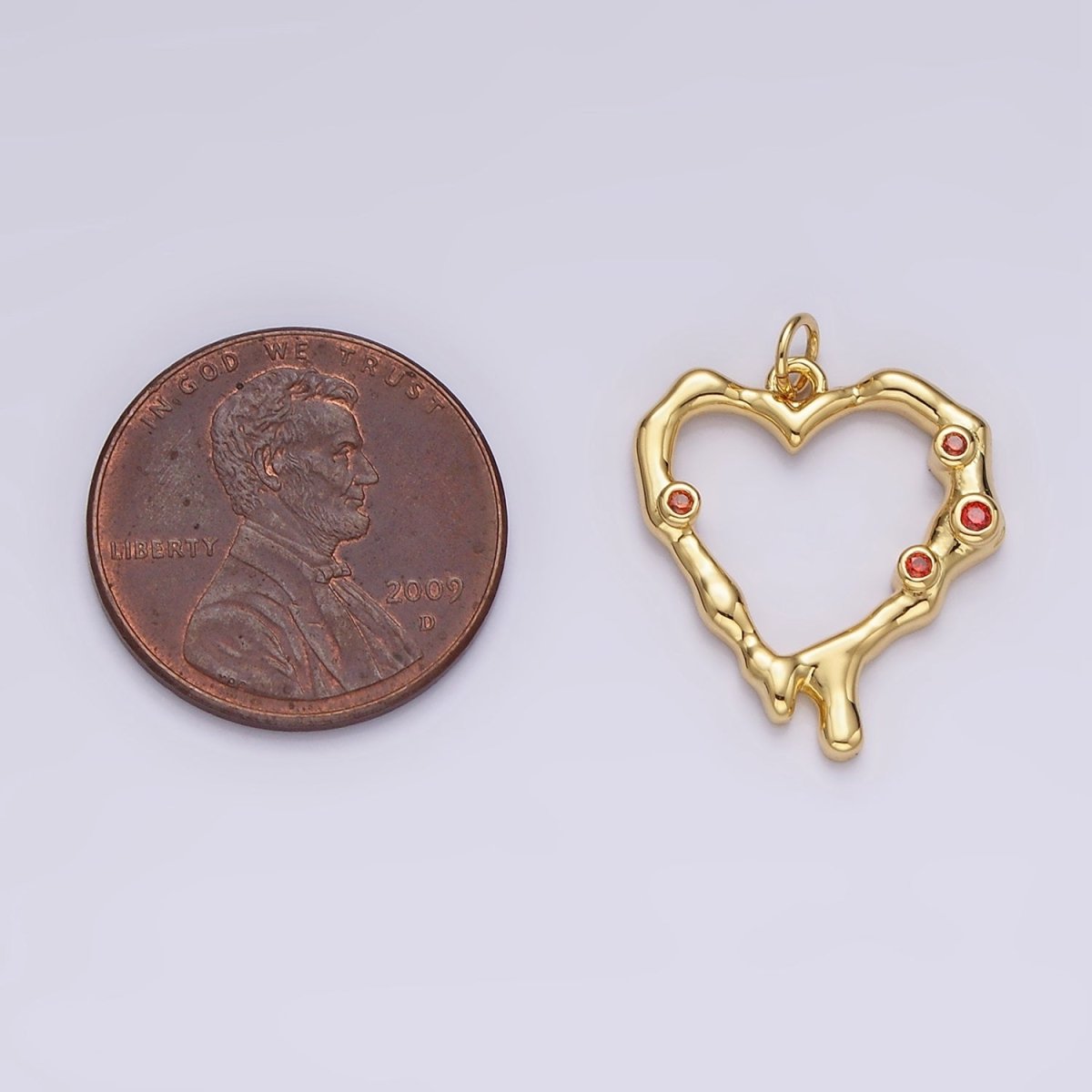14K Gold plated Red CZ Dotted Molten Drip Open Heart Charm | AC787 - DLUXCA