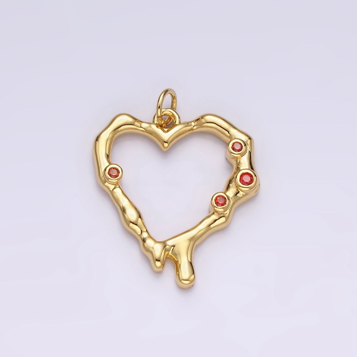 14K Gold plated Red CZ Dotted Molten Drip Open Heart Charm | AC787 - DLUXCA