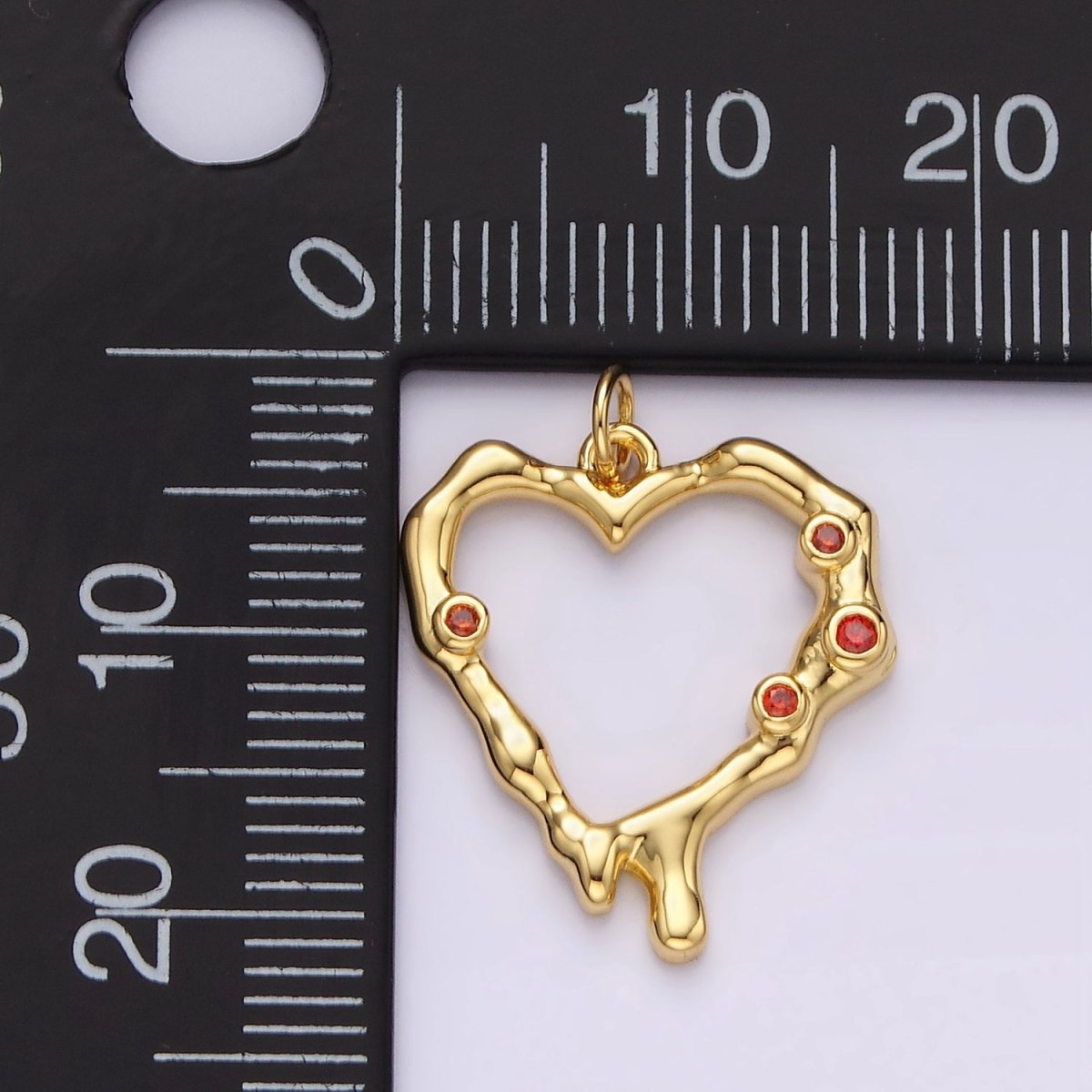 14K Gold plated Red CZ Dotted Molten Drip Open Heart Charm | AC787 - DLUXCA