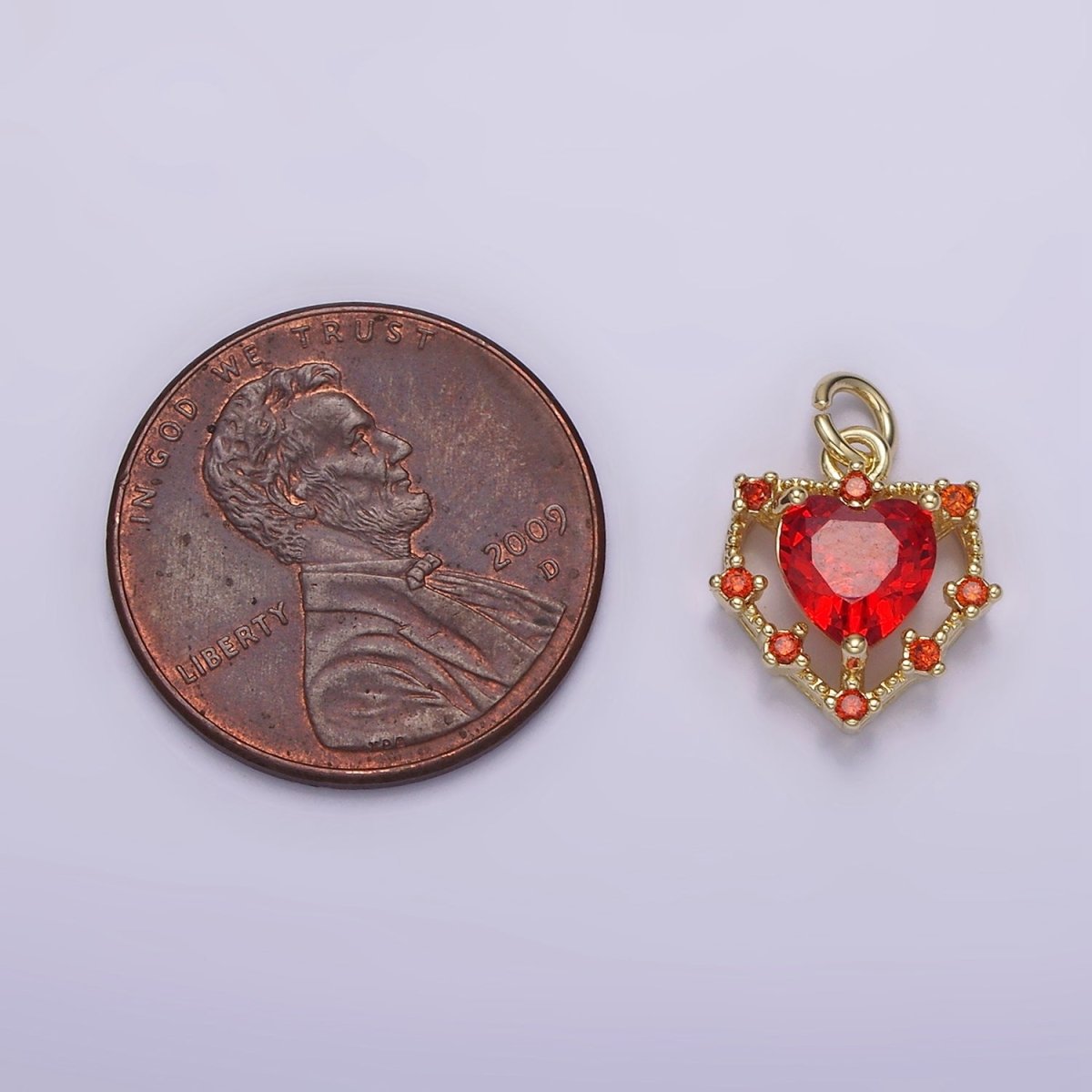 14K Gold plated Red CZ Dotted Open Heart Charm | AG207 - DLUXCA