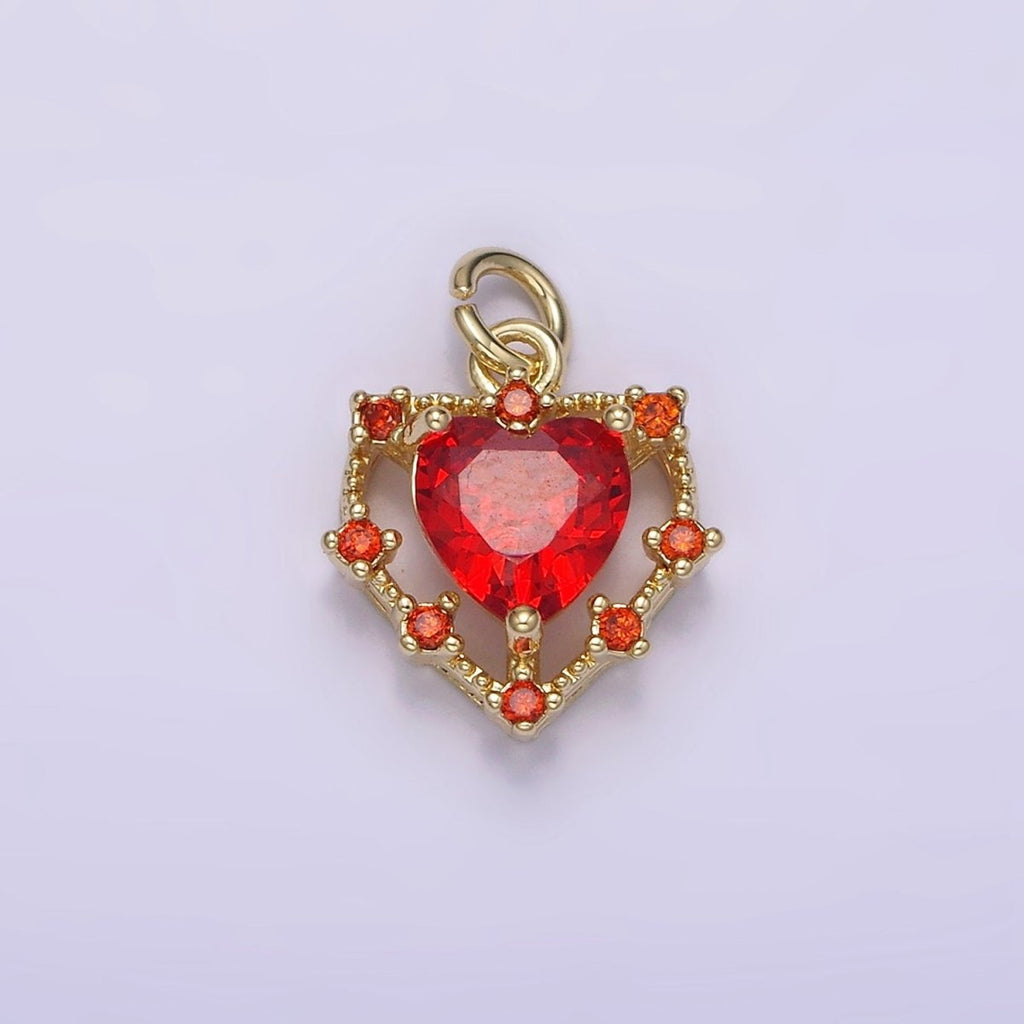 14K Gold plated Red CZ Dotted Open Heart Charm | AG207 - DLUXCA