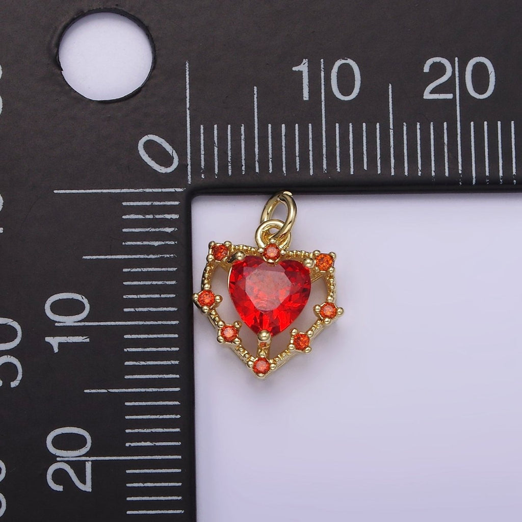 14K Gold plated Red CZ Dotted Open Heart Charm | AG207 - DLUXCA