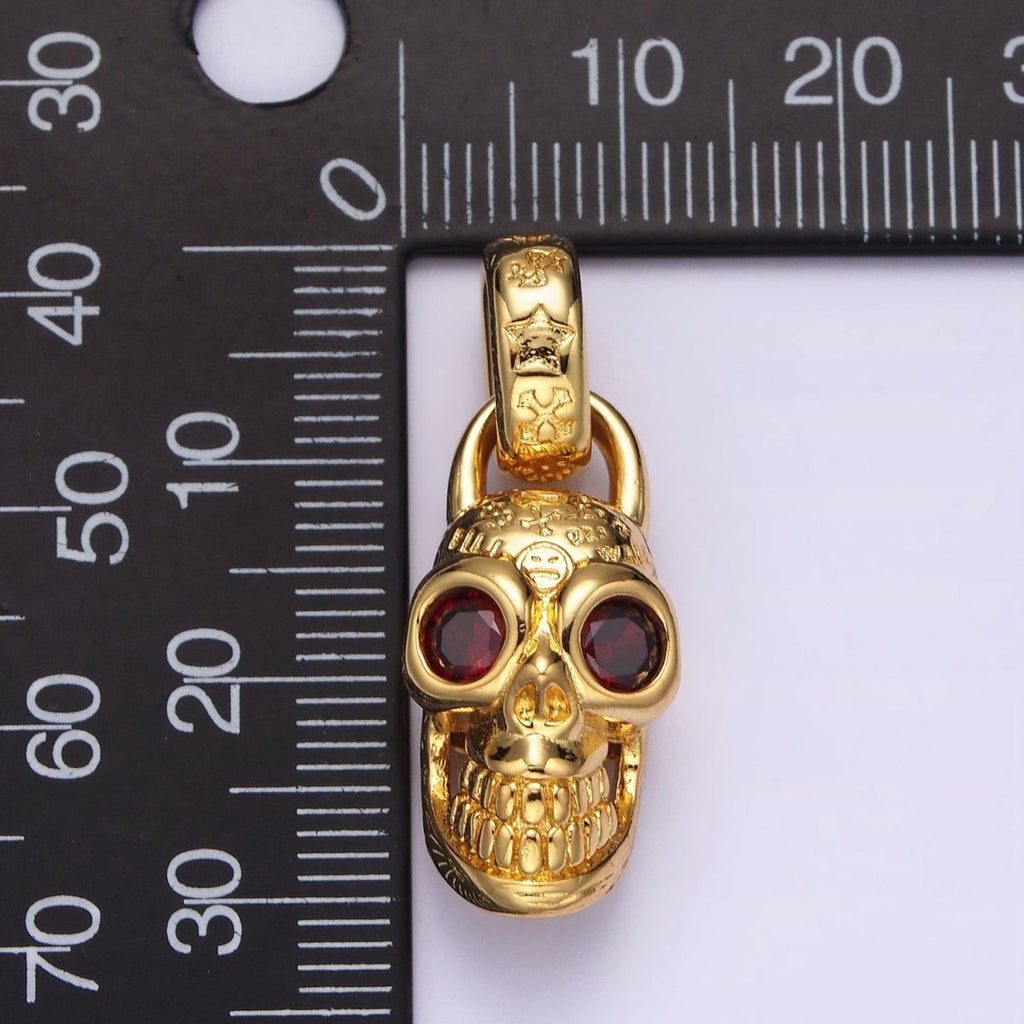 14K Gold plated Red CZ Eyed Engraved Skeleton Skull Pendant in Gold & Silver | AC860 AC861