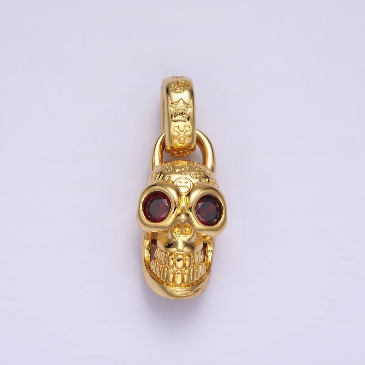 14K Gold plated Red CZ Eyed Engraved Skeleton Skull Pendant in Gold & Silver | AC860 AC861