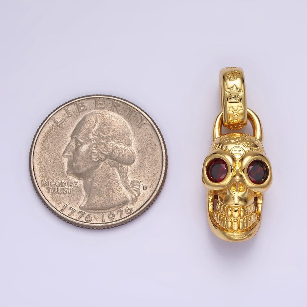 14K Gold plated Red CZ Eyed Engraved Skeleton Skull Pendant in Gold & Silver | AC860 AC861