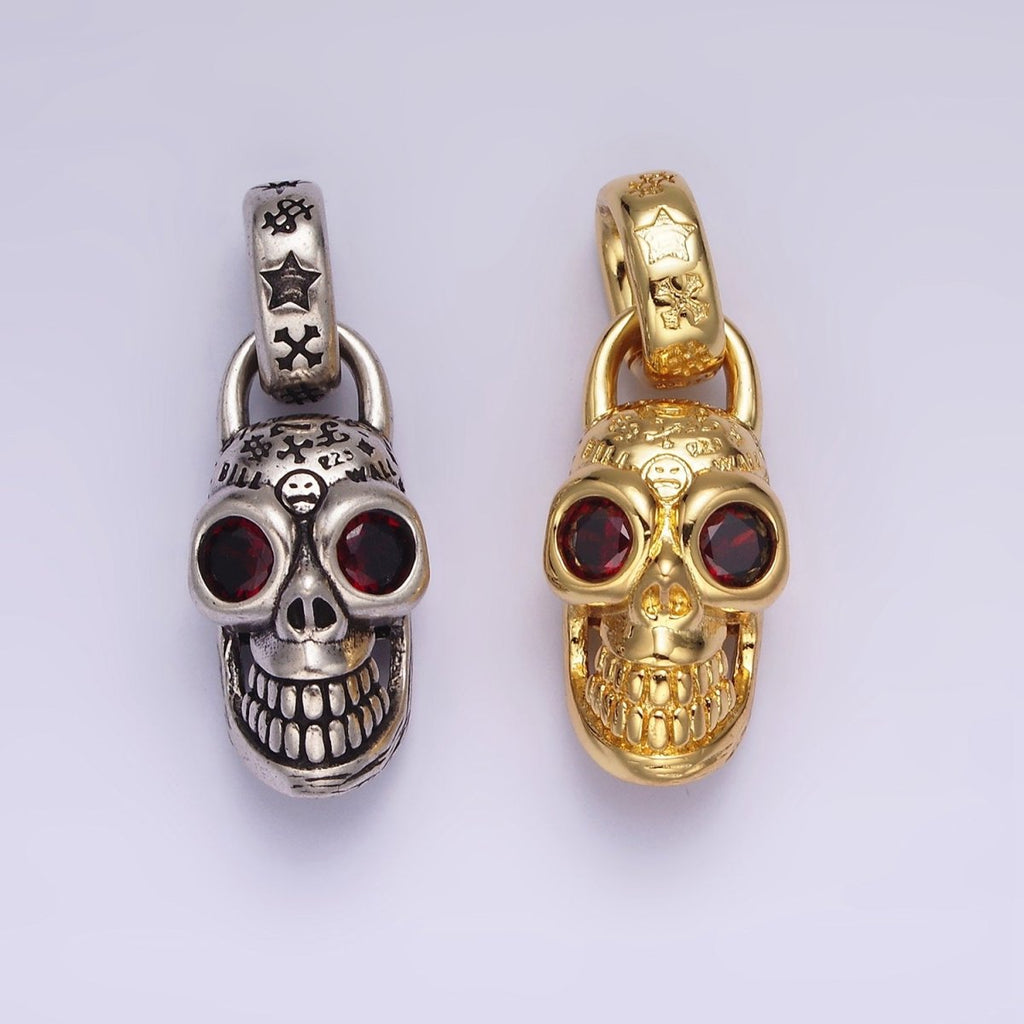 14K Gold plated Red CZ Eyed Engraved Skeleton Skull Pendant in Gold & Silver | AC860 AC861