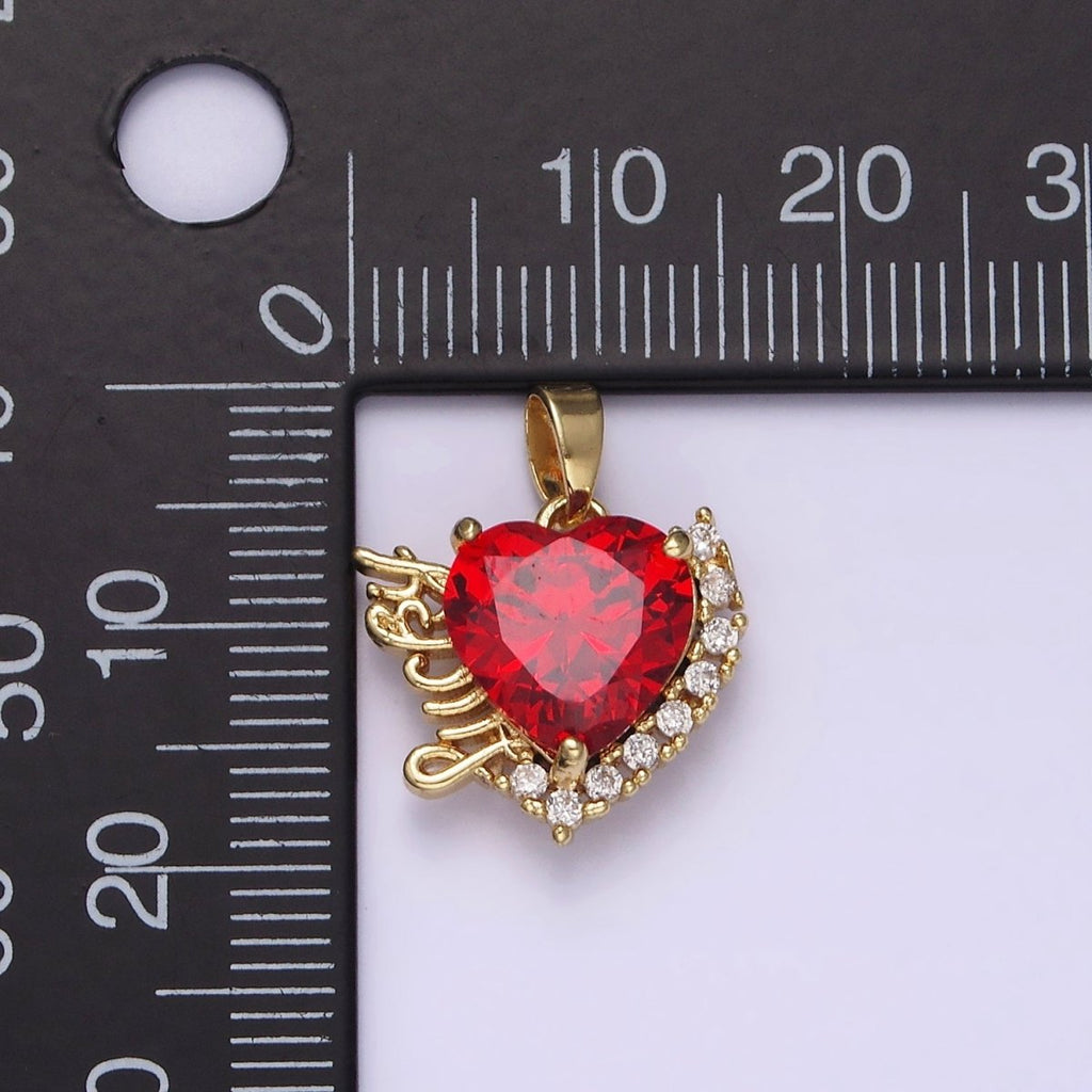 14K Gold plated Red Heart CZ "Lucky" Script Micro Paved CZ Outline Pendant | N1826 - DLUXCA