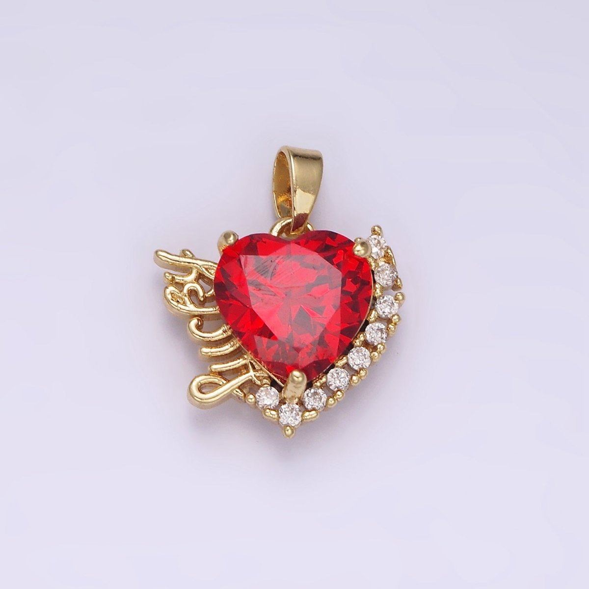 14K Gold plated Red Heart CZ "Lucky" Script Micro Paved CZ Outline Pendant | N1826 - DLUXCA