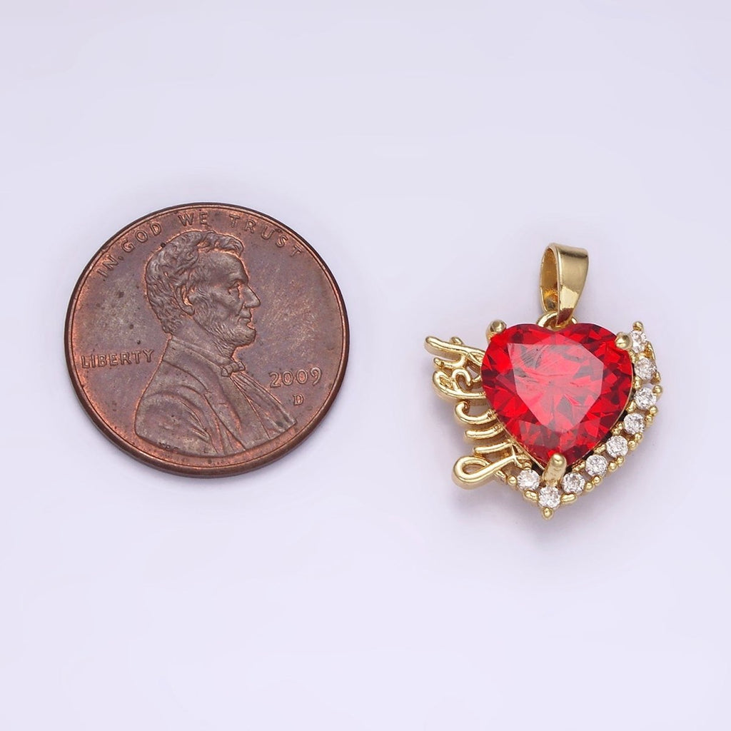 14K Gold plated Red Heart CZ "Lucky" Script Micro Paved CZ Outline Pendant | N1826 - DLUXCA