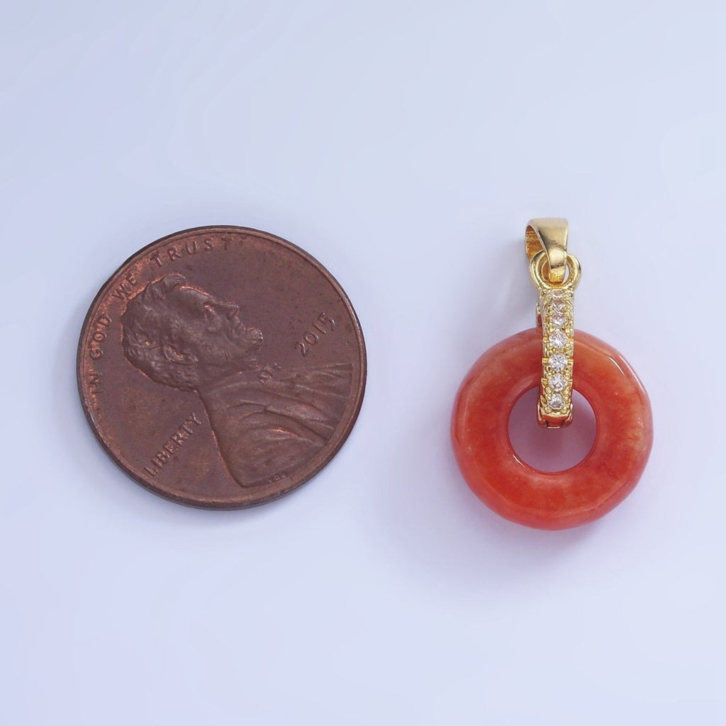 14K Gold plated Red Jasper Open Round Donut Micro Paved CZ Pendant | AA1244 - DLUXCA