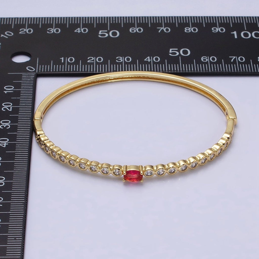 14K Gold plated Red Oval CZ Round Clear Bezel Hinge Bangle Bracelet | WA-1754 Clearance Pricing - DLUXCA