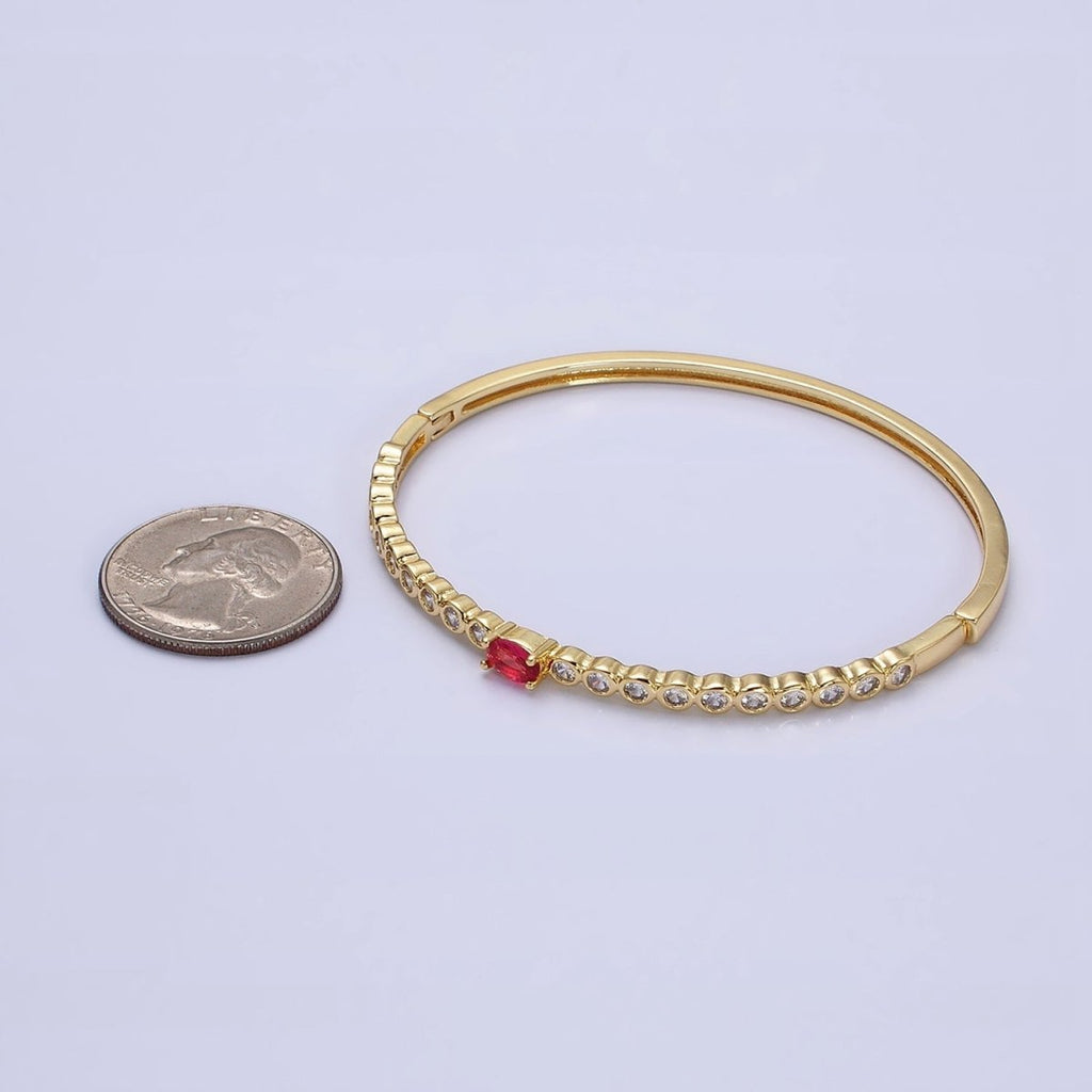 14K Gold plated Red Oval CZ Round Clear Bezel Hinge Bangle Bracelet | WA-1754 Clearance Pricing - DLUXCA