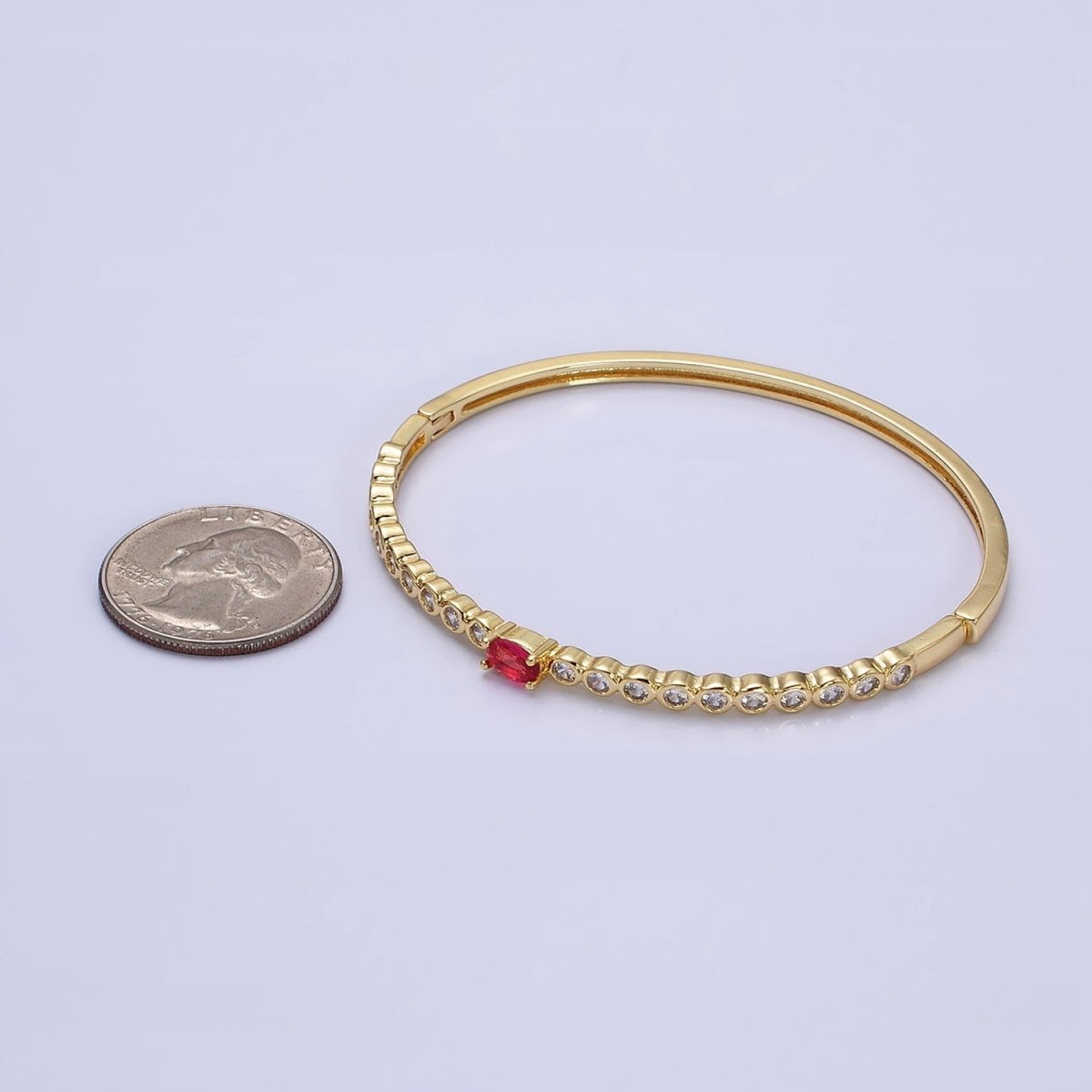 14K Gold plated Red Oval CZ Round Clear Bezel Hinge Bangle Bracelet | WA-1754 Clearance Pricing - DLUXCA
