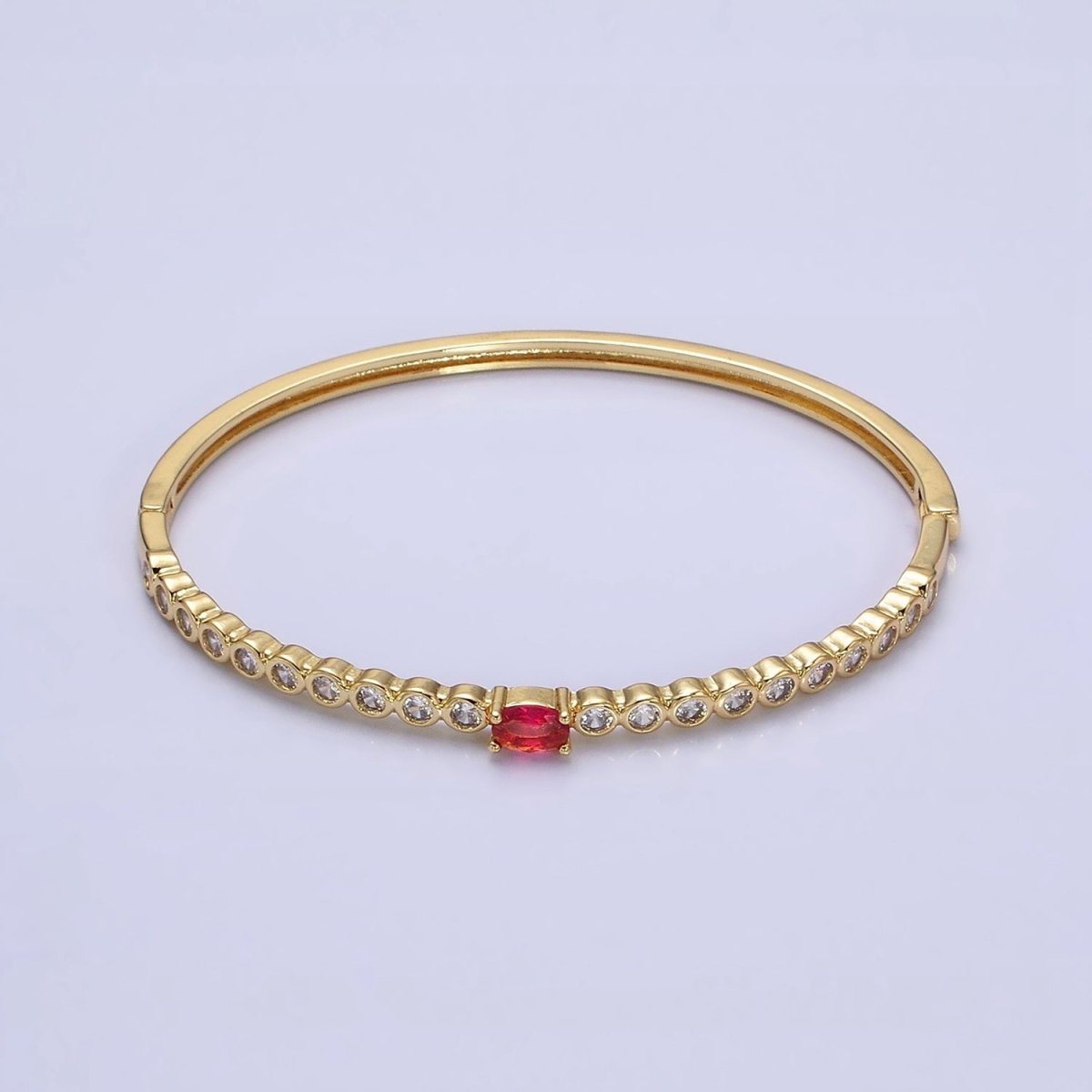 14K Gold plated Red Oval CZ Round Clear Bezel Hinge Bangle Bracelet | WA-1754 Clearance Pricing - DLUXCA