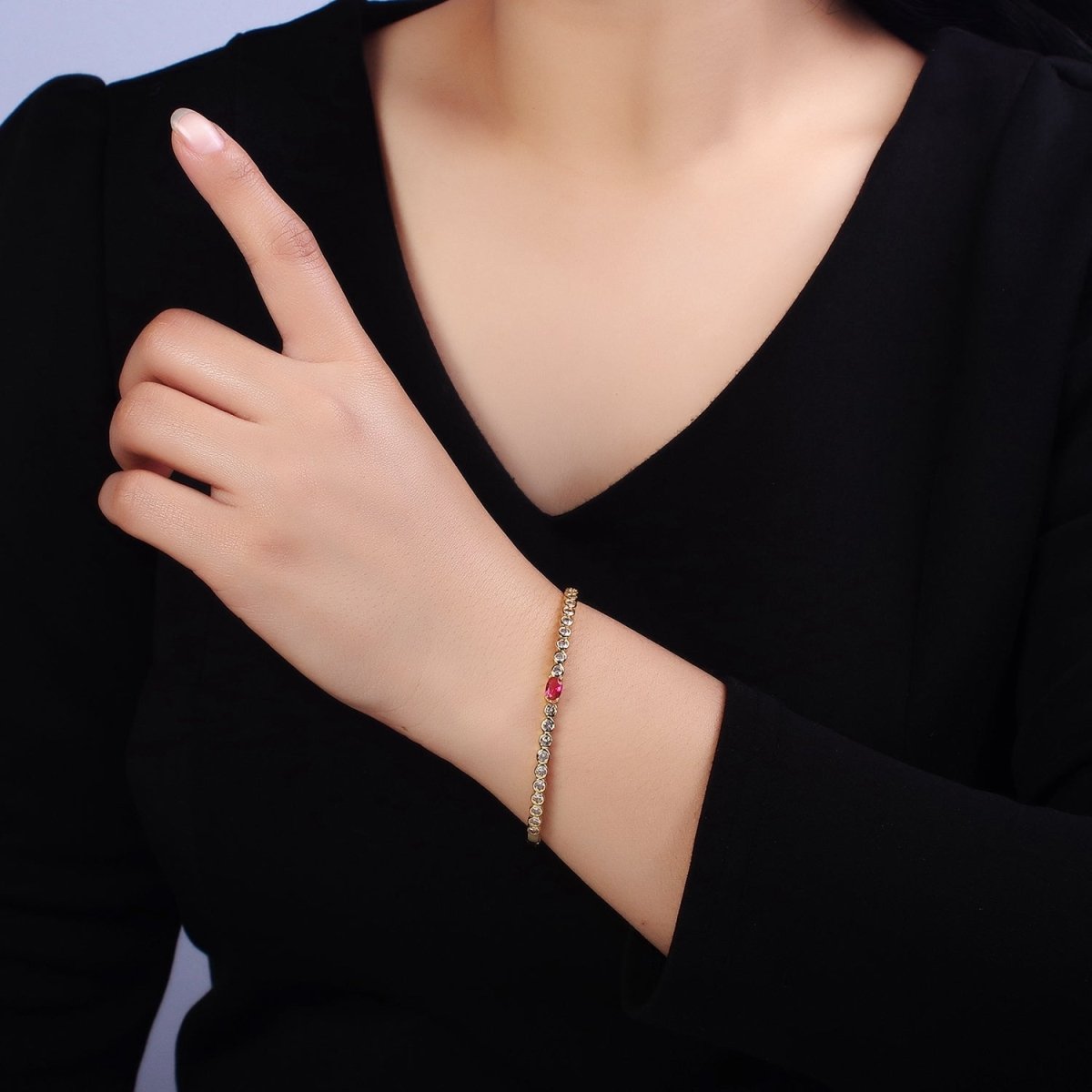 14K Gold plated Red Oval CZ Round Clear Bezel Hinge Bangle Bracelet | WA-1754 Clearance Pricing - DLUXCA