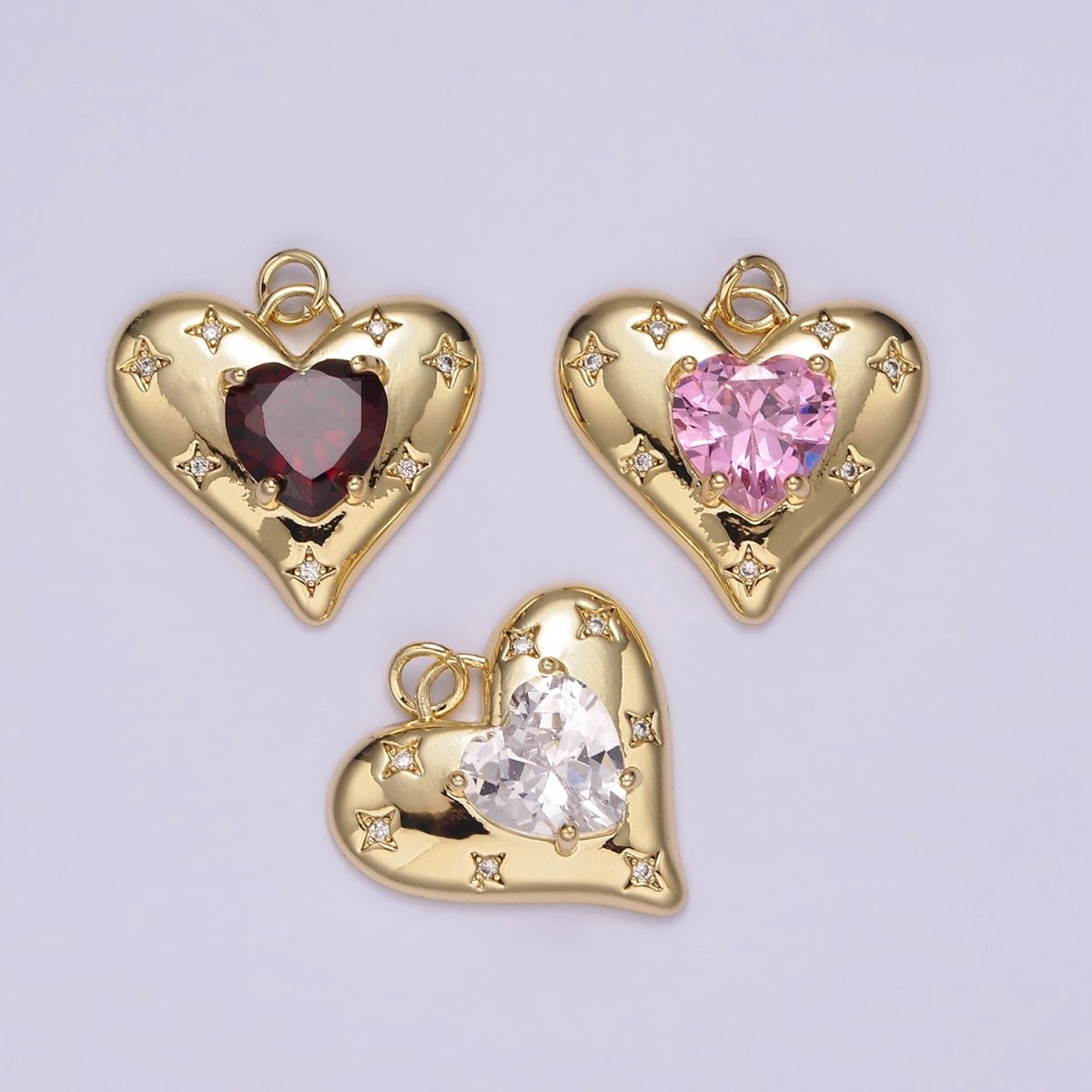 14K Gold plated Red, Pink, Clear CZ Celestial Stars Heart Charm | AG500 - AG502