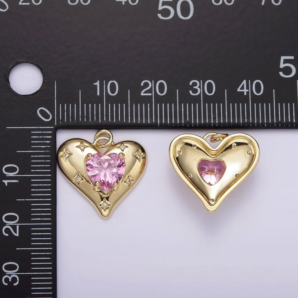 14K Gold plated Red, Pink, Clear CZ Celestial Stars Heart Charm | AG500 - AG502