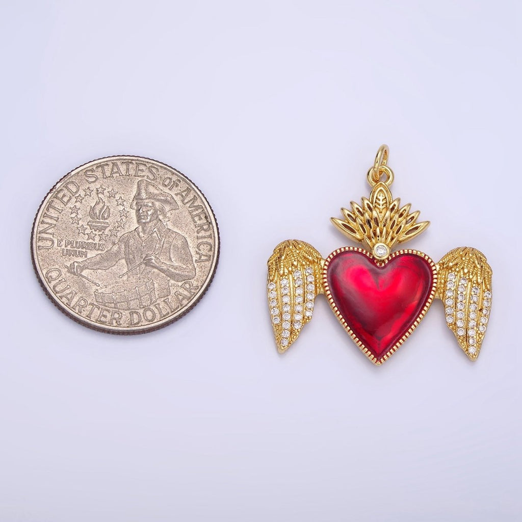 14K Gold plated Red Sacred Heart Micro Paved CZ Feather Wings Charm | AG628 - DLUXCA