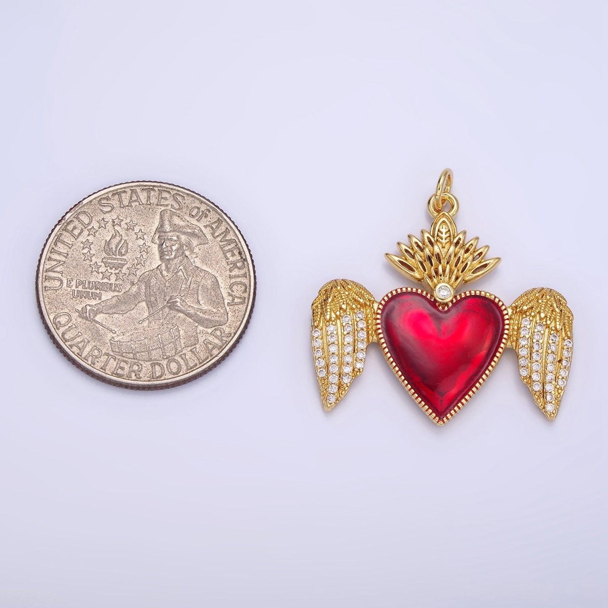 14K Gold plated Red Sacred Heart Micro Paved CZ Feather Wings Charm | AG628 - DLUXCA