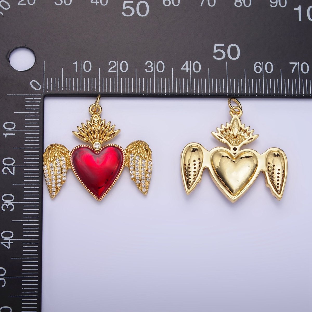 14K Gold plated Red Sacred Heart Micro Paved CZ Feather Wings Charm | AG628 - DLUXCA