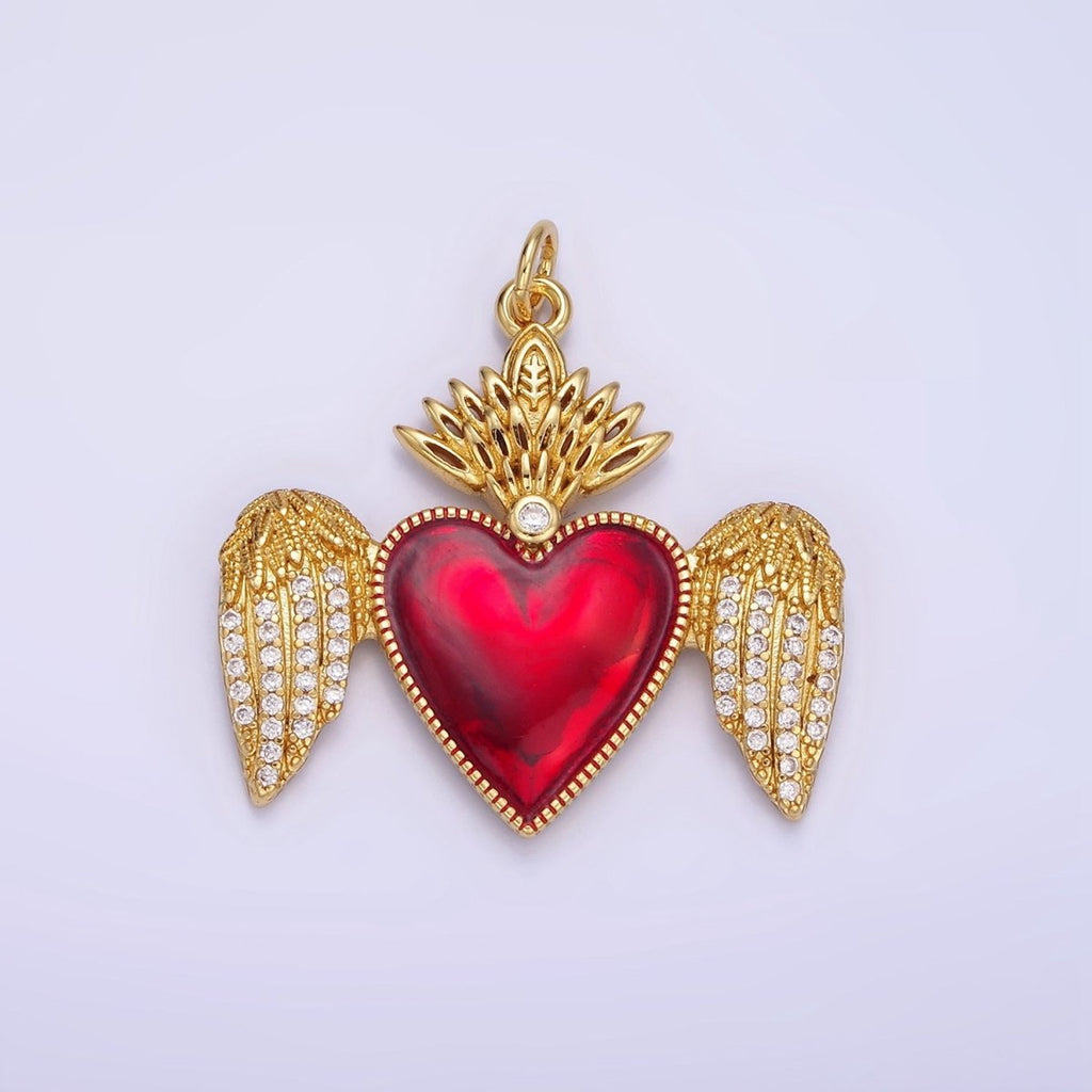 14K Gold plated Red Sacred Heart Micro Paved CZ Feather Wings Charm | AG628 - DLUXCA