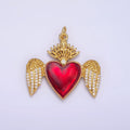 14K Gold plated Red Sacred Heart Micro Paved CZ Feather Wings Charm | AG628 - DLUXCA