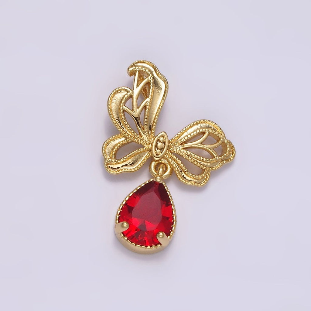 14K Gold plated Red Teardrop CZ Beaded Butterfly Wings Pendant | AA727 - DLUXCA