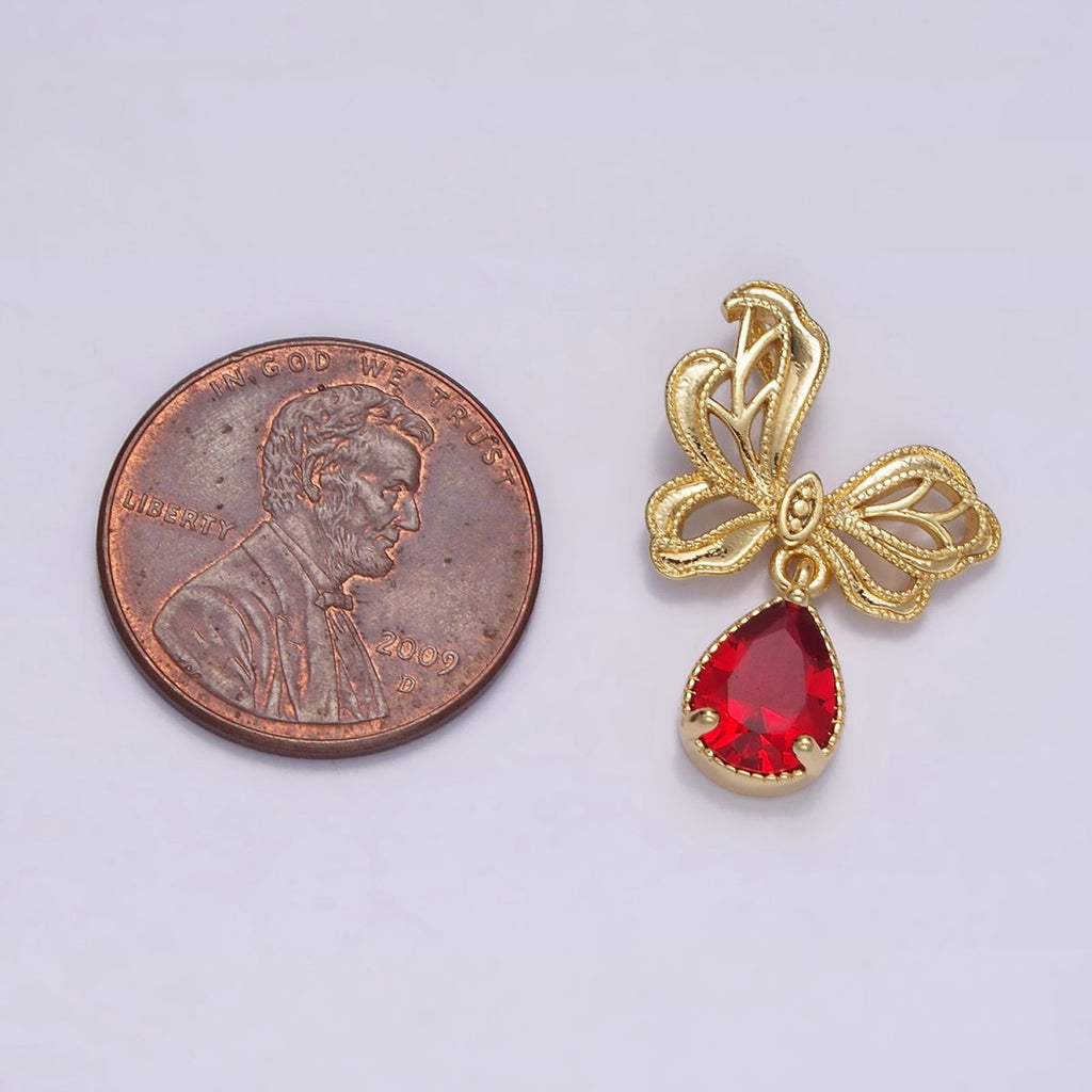14K Gold plated Red Teardrop CZ Beaded Butterfly Wings Pendant | AA727 - DLUXCA
