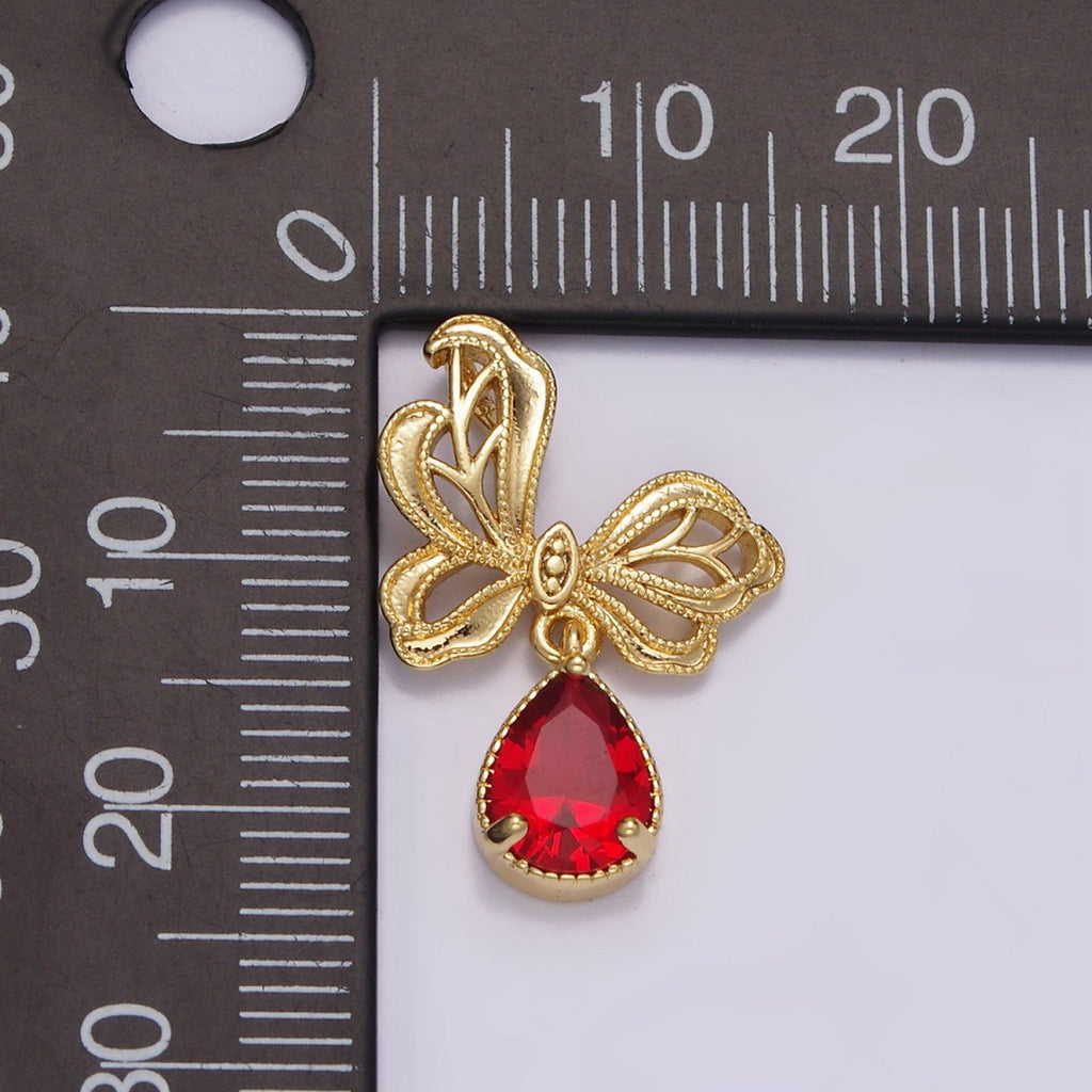 14K Gold plated Red Teardrop CZ Beaded Butterfly Wings Pendant | AA727 - DLUXCA