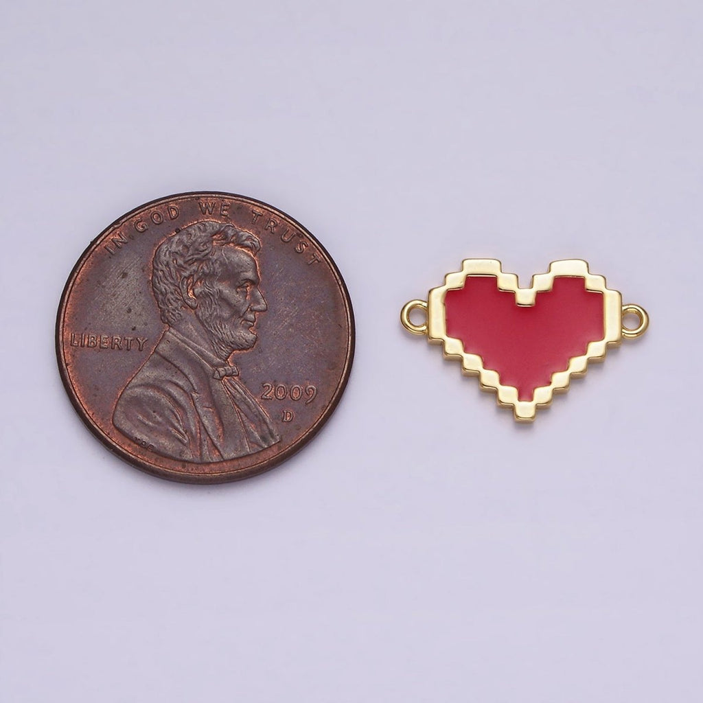 14K Gold plated Red, White Enamel Pixelated Heart Connector | G-116 G-117