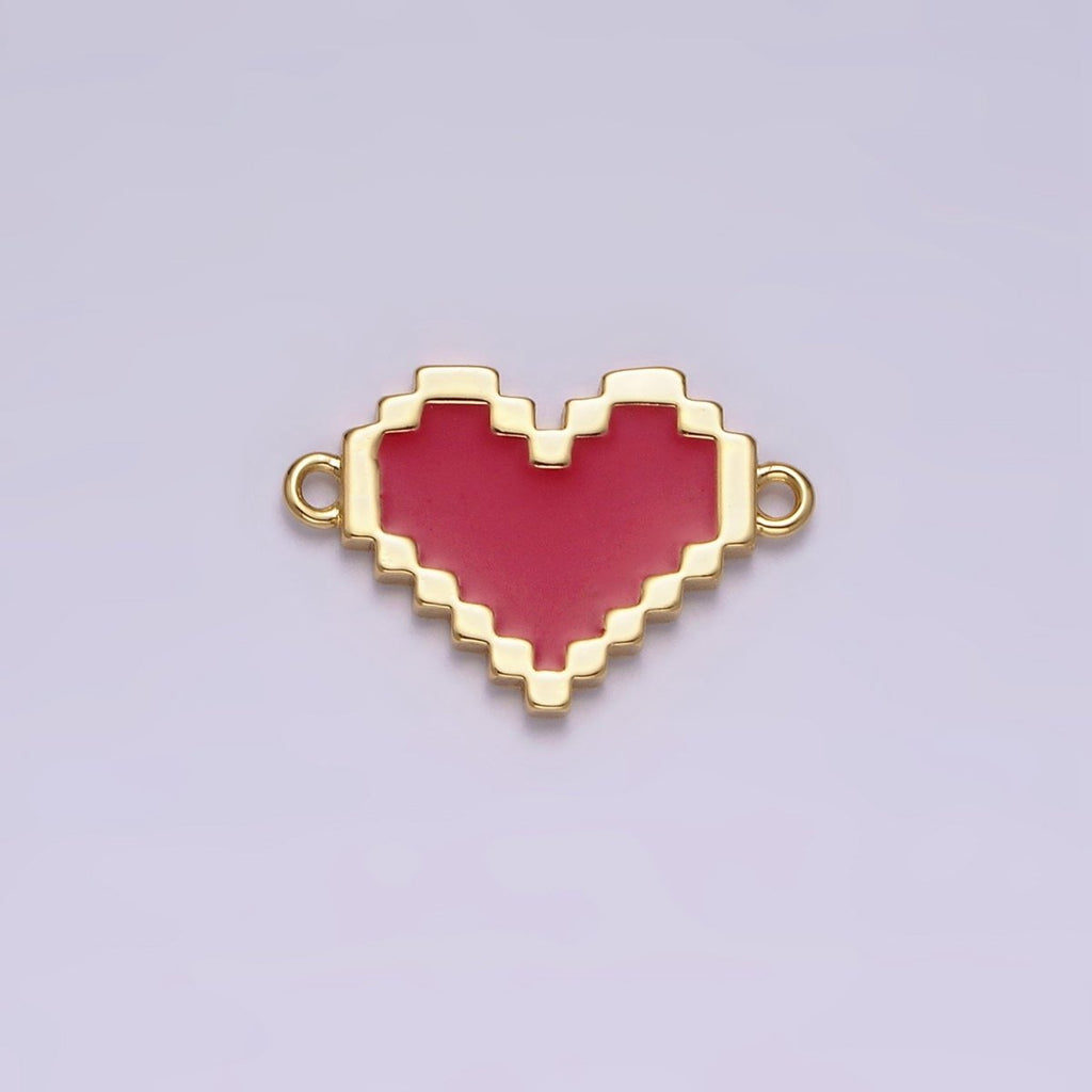 14K Gold plated Red, White Enamel Pixelated Heart Connector | G-116 G-117
