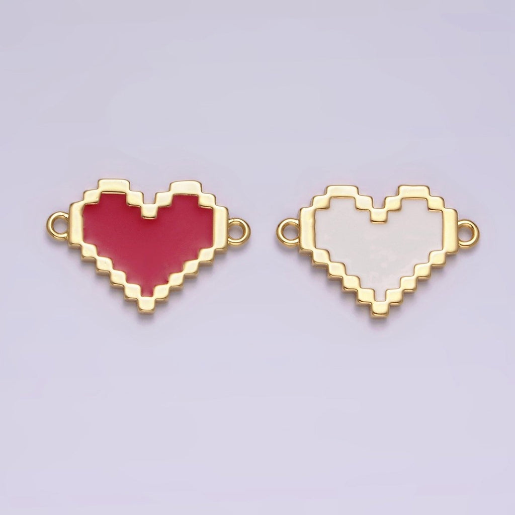 14K Gold plated Red, White Enamel Pixelated Heart Connector | G-116 G-117