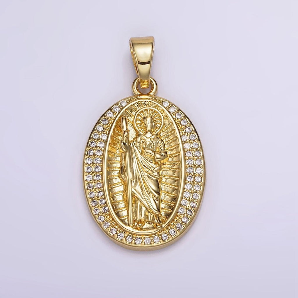 14K Gold plated Religious Saint Jude Lined Clear Micro Paved CZ Oval Pendant | N1786 - DLUXCA