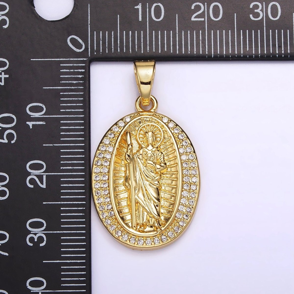 14K Gold plated Religious Saint Jude Lined Clear Micro Paved CZ Oval Pendant | N1786 - DLUXCA