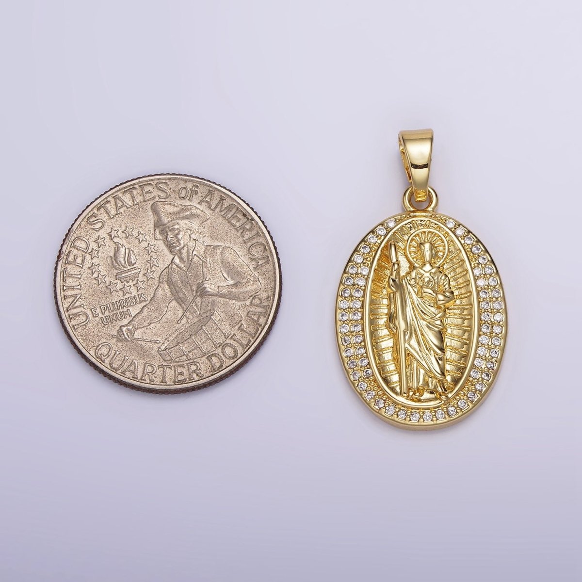 14K Gold plated Religious Saint Jude Lined Clear Micro Paved CZ Oval Pendant | N1786 - DLUXCA
