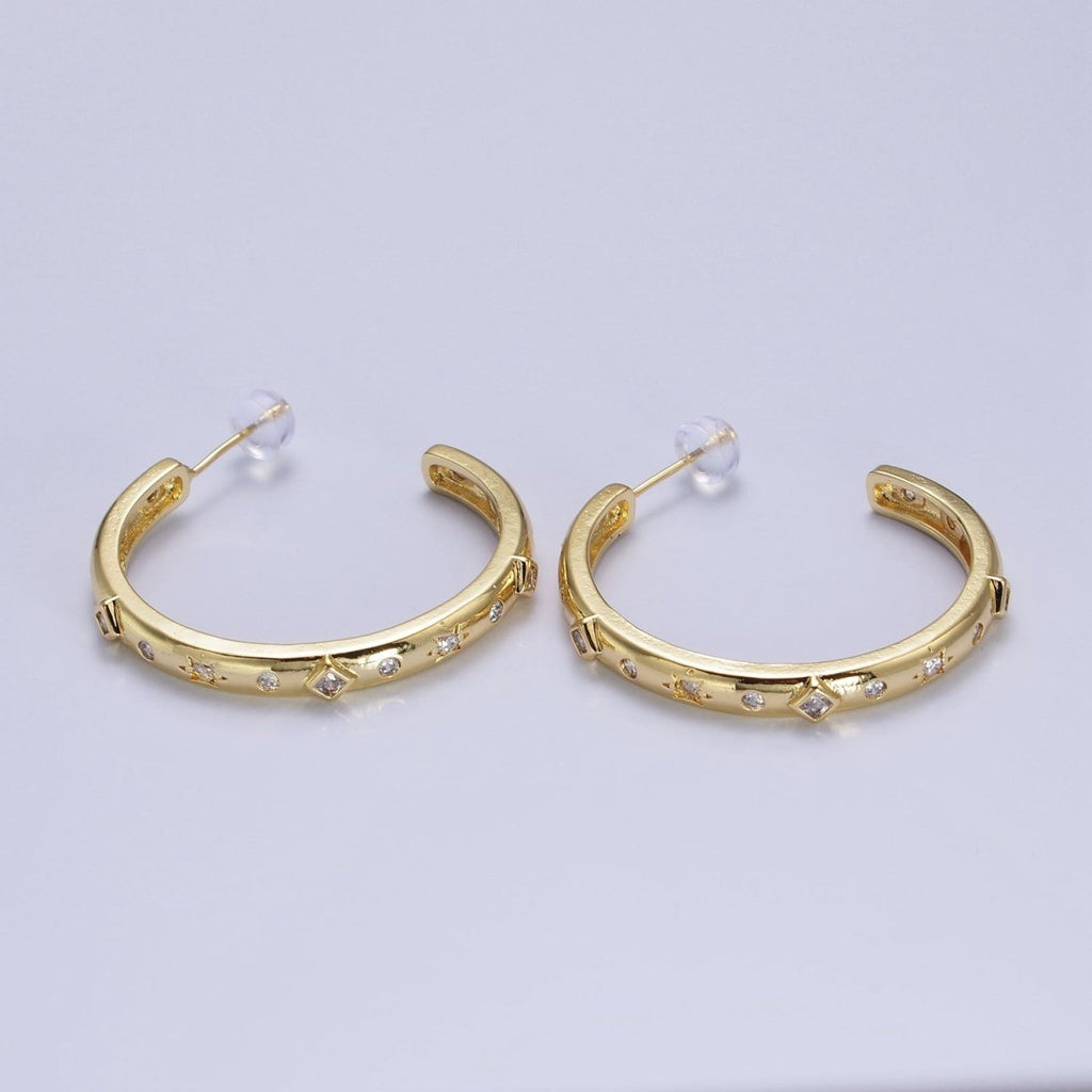 14K Gold plated Rhombus Celestial Clear CZ 35mm C-Shaped Hoop Earrings | AB210 - DLUXCA
